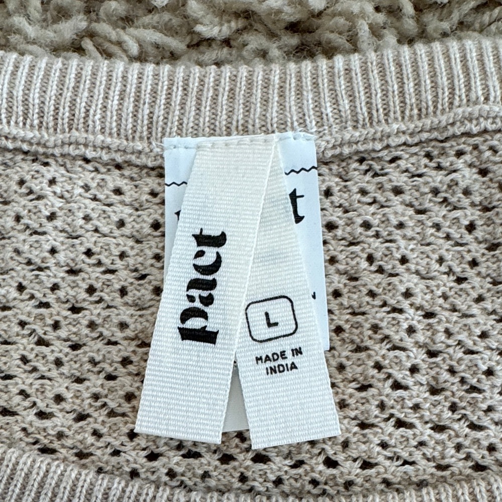 pact Organic Cotton Beige Open Knit Short Sleeve Sweater Top, Womens sz L - Picture 2 of 12